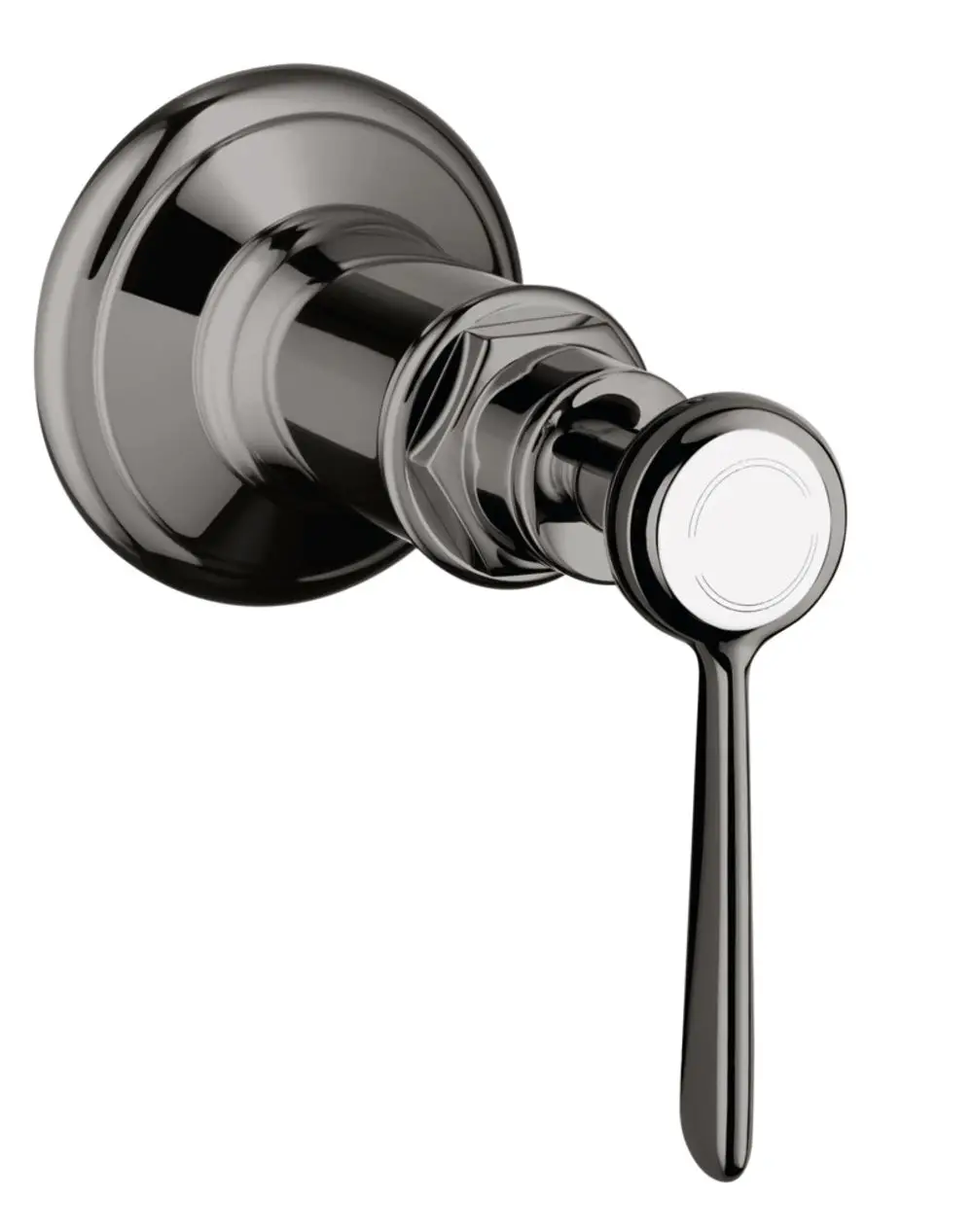 AXOR Unterputz-Absperrventil mit Hebelgriff in Polished Black Chrome, montiert an einer Wand, zeigt eine runde Basis und einen senkrechten Hebel.